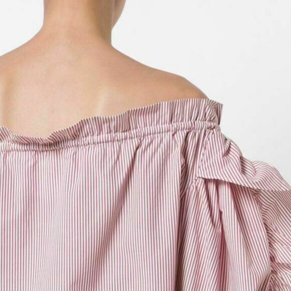 Robert Rodriguez Ruffle Stripe Cotton Shirt Womens Small Red Off Shoulder Light - Picture 6 of 9